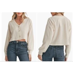 All In Favor Oatmeal Brushed Crop Slouchy Cozy Cardigan Cream Size XS